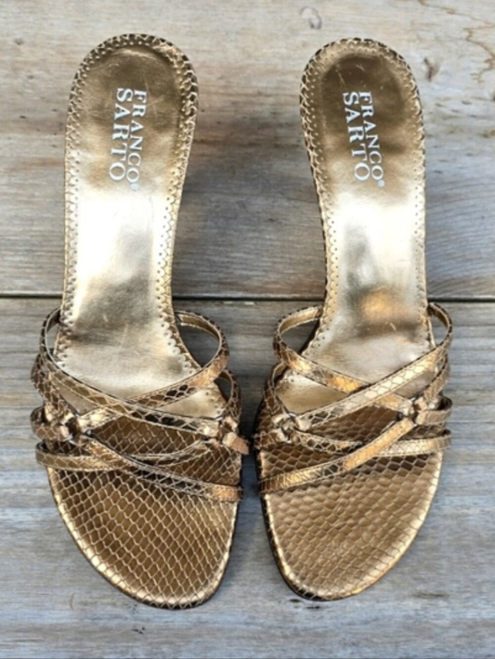 Franco Sarto NEW Y2K Glam Revival Metallic Leather Mule Heel Sandal 10.5M